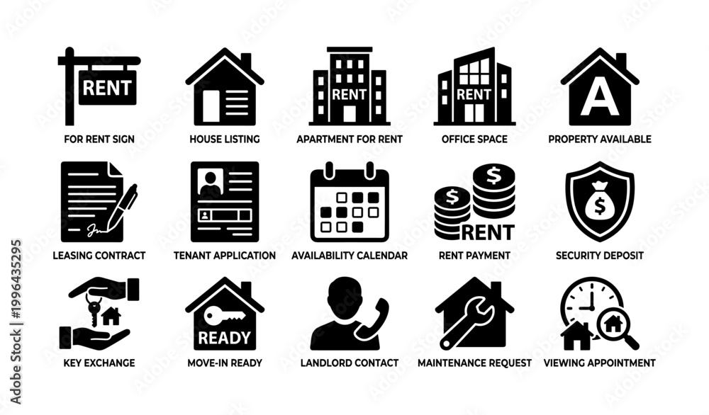 Rental icons depicting leasing process and tenant services on white ...