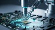 © Olga Ко - High-tech robotic arm assembling a microchip on a glowing circuit board. Automated semiconductor manufacturing and AI technology concept.