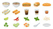 © Creative Nest - Vietnamese cuisine vector set with pho, banh mi, spring rolls, coffee, herbs, lime, chili, sauce, chopsticks and fresh Asian food ingredients