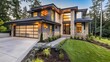 © Mufarokah - Modern home exterior. Lush landscaping