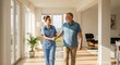 © jdis photo - young nurse assisting elderly man walking in bright modern home, healthcare and recovery concept