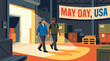 © Midnight - May Day USA Illustration of Diverse Workers in Warehouse