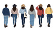 © rasel - Group of people in casual attire seen from the back while walking away together on a white background with stylish accessories.