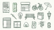 © logan - A collection of hand-drawn Japanese urban elements, including a vending machine, ramen shop sign, bicycle, and lucky cat.