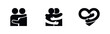 © Lili - A collection of three black silhouette icons depicting hugging, empathy, and love, featuring people embracing and a heart with hugging arms.