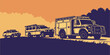 ©  MST RABEYA  BEGUM - a fire truck and two other vehicles are driving down a road Vector