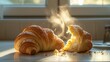 © VALENTYNA - Croissant layers flaking warm pastry cracking apart steam rising buttery golden texture peeling away crumbs cascading kitchen surface window lighting motion photography