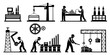 © MST CHIN BANU BEGUM - Set of industrial and construction icons featuring workers cranes gears and factory silhouette graphics industry construction silhouette engineering manufacturing building machinery equipment