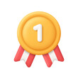 © Анна Тощева - Golden medal badge with the number one and red ribbons. First place, victory, achievement, success, award and competition concept. 3d vector icon. Cartoon minimal style.