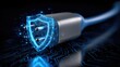 © Armin - A USB-C connector is overlaid with a glowing blue shield, symbolizing data security and protection.