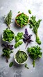 © Madara - Various fresh herbs in white and wooden bowls, beautifully arranged