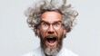 © Renderly - Excited scientist with crazy hair and glasses, looking surprised and happy