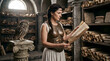 © nambang - Ancient Greek woman in bronze armor reading a papyrus scroll in a historic library with a wise owl perched on a column.
