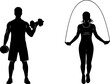 © mahmoud - Silhouettes of male and female fitness exercises with weights and jump rope.