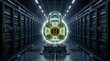 © Salma - Futuristic digital padlock security symbol glowing brightly amidst a hightech server room with rows of equipment