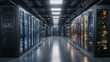 © zhou yan - Modern data center server room with black racks, blue LEDs, organized cables, volumetric lighting, tech ambiance, copy space for tech website, cloud computing background, 8K Unreal 5 render