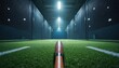 © Viktor - Baseball training cage view with bat on turf. Netting walls line indoor tunnel lit by bright overhead lamps. Sports practice facility with deep perspective.