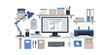 © Munaroh - This professional technology set includes a computer network cable, adapter, hub, and patch illustration icons for business server data connection and web communication design