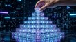 © YS Studio - Hand arranging glowing digital icons in a pyramid shape on a futuristic virtual network background for online organizational structure and data management