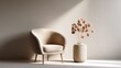 © VeretiLab - Minimalist beige armchair and dried flowers in a ribbed vase, bathed in soft light