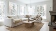 © AhmadFaris - Bright modern Nordic living room with a white sofa and snowy forest view