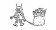 © ger - A retro robot pulls a sack filled with gifts and a Christmas tree
