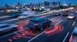 © Masque - Autonomous self-driving vehicle with digital radar system driving on a city highway.