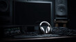 © Phuwadon - A dark workspace featuring headphones, computer monitor, and wires, ideal for music production and audio mixing.