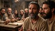 © Svitlana Vorotniak - Apostolic group of men and woman gathered to preach gospel in ancient room. Biblical scene depicting disciples discussing faith and mission after persecution. Historical religious concept.