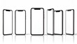 © Amelia - Multiple smartphones arranged in a row with blank screens, perfect for mockup designs and showcasing apps or UI elements on a clean white background