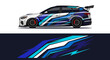 © AhzaArdiansyah - Blue striped race car with bold graphic livery and aerodynamic design on track.