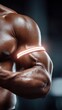 © Dmitriy - Action close up of a muscular arm with a glowing biometric band wiping sweat in a dark moody gym with dramatic rim lighting and copy space.