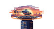 © pookie - A sleek dark helicopter sits on a rooftop helipad of a tall building with a glowing orange sunset and city skyline skyscrapers in the background.