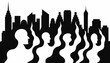 © Sumithra - Silhouettes of people in a city skyline with wavy human figures