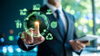 © ISRAT - Businessman touching glowing digital circle with environmental icons during sustainable business meeting