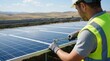 © Dreamscape - Technician in safety vest installing photovoltaic solar panels at outdoor farm using wrench tool, renewable energy infrastructure construction, manual labor and green electricity