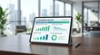 © Dreamscape - ESG investment portfolio sustainability metrics displayed on tablet screen, green finance data visualization, carbon footprint reduction graph, circular economy investments chart,