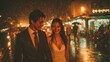 © pornsawan - Happy Wedding couple in rain,london or paris,Young joyful bride and groom emotionally dancing,honeymoon and romantic time,valentine,sweet moment,copy space.