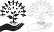 © edit - Black and White Human Hand Holding Plant with Community and Eco Symbols Vector