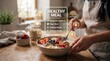 © Urban - Woman preparing healthy breakfast bowl with fresh berries and granola in a cozy kitchen setting featuring digital nutritional infographic overlay icons for wellness