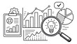 © iVGraphic - Hand drawn line art business analysis icons set featuring charts, graphs, a magnifying glass with an idea, and a clipboard for financial strategy and data insights