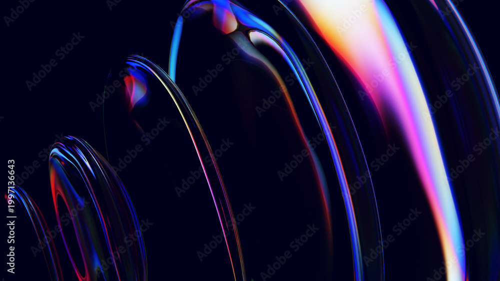 Abstract iridescent glass rings rippling with light dispersion and ...