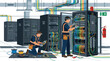 © Syartinolky | Pixels - Professional diverse telecom workers maintaining server racks and network panels in a modern data center facility with colorful fiber optic cables and technical equipment