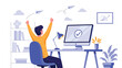 © Jeba - Happy man celebrating a successful task completion at his desk with a computer displaying a checkmark, symbolizing achievement and productivity.