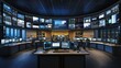 © sevector - Futuristic command center with multiple glowing screens displaying data, charts, and surveillance feeds for critical infrastructure management and real time security monitoring