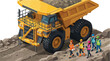 © Syartinolky | Pixels - Isometric illustration of a large yellow mining dump truck with a diverse group of workers in safety gear walking on a rocky quarry site for industrial and mining operations