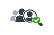© Abu - Human resources recruitment icon vector illustration of people search with magnifying glass and green checkmark for candidate selection, talent acquisition, hiring process, and employee vetting.