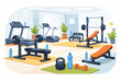 © Fahim - Modern Gym Interior Vector Illustration with Fitness Equipment, Weight Benches, Treadmills, Barbells, and Water Bottles for Hydration During Workout Training Sessions in a Bright Exercise Studio