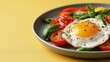 © Larisa AI - A beautifully presented gourmet dish featuring a perfectly fried egg served atop fresh tomatoes and basil leaves, exemplifying a healthy and appetizing breakfast option.
