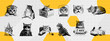 © hiten666 - Trendy collage vector with collection of cute cats in different poses and situations. Funny animal set with dotted illustration style for creative design and print project.